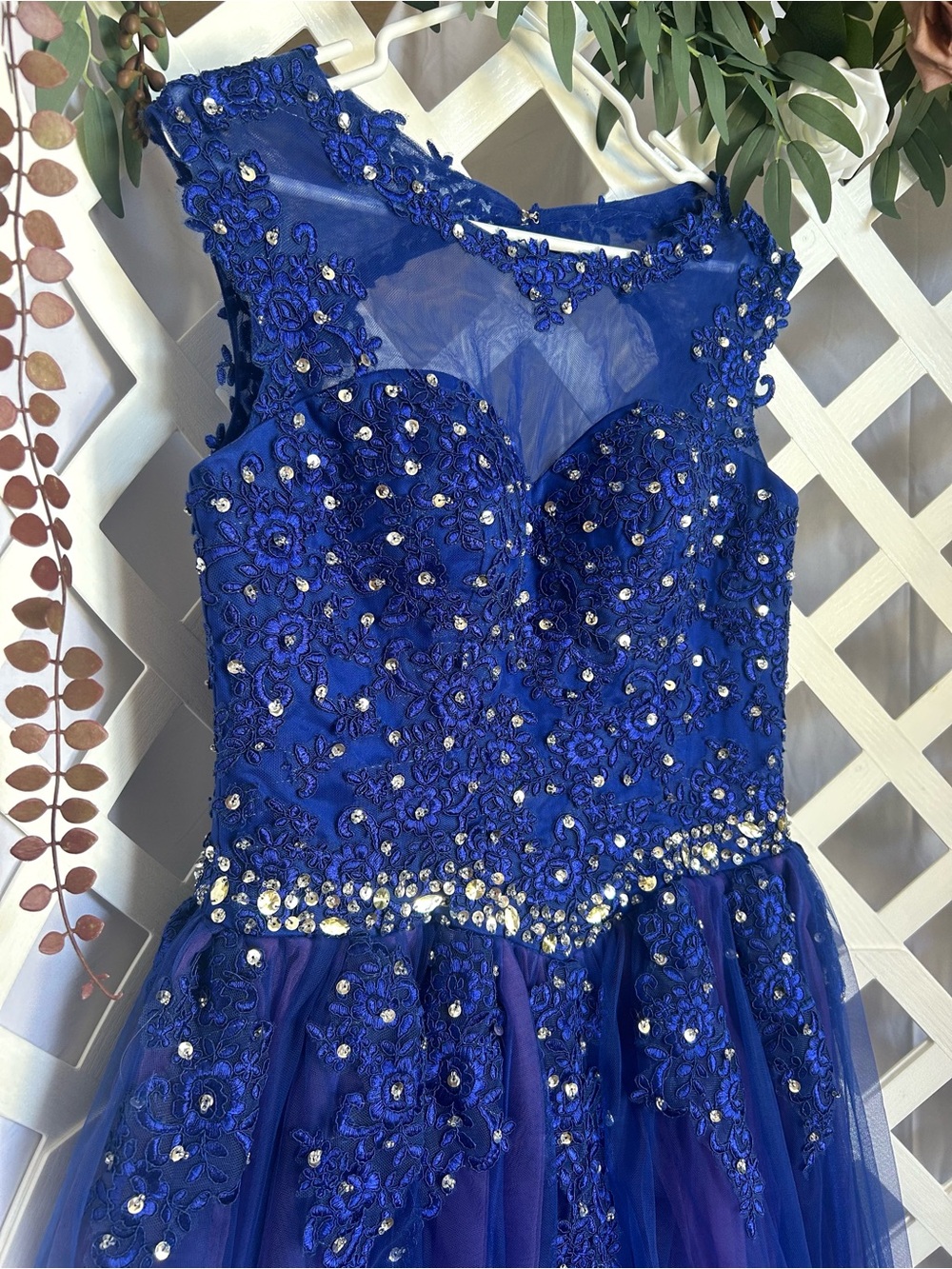 Royal Blue Beaded Tulle Formal Dress Illusion Neck Prom Gown  EST-M/L - Picture 3 of 10